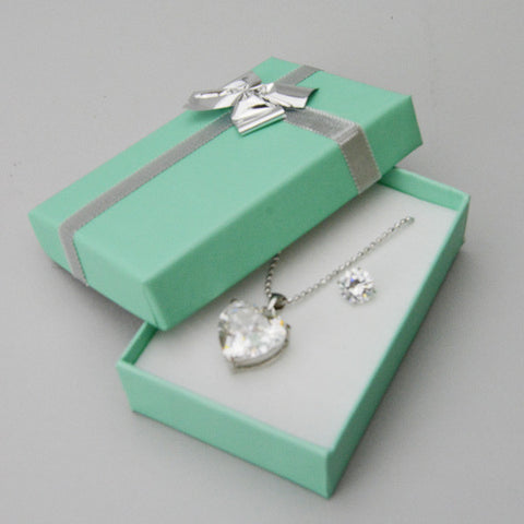 Teal Blue Pendant & Earring Box with Silver Bow - JewelryPackagingBox.com